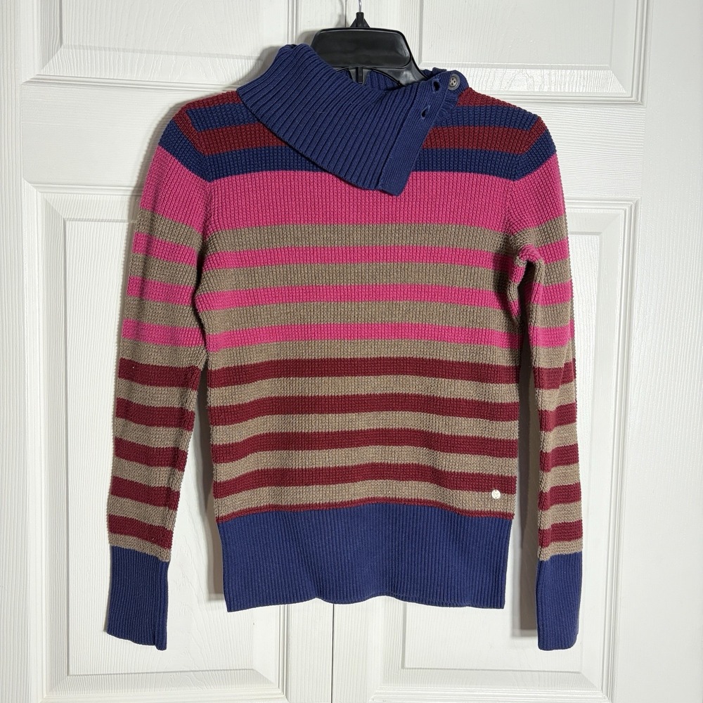 Eddie Bauer Striped Button Collar Turtleneck Sweater Women XS Pink Tan Blue Knit